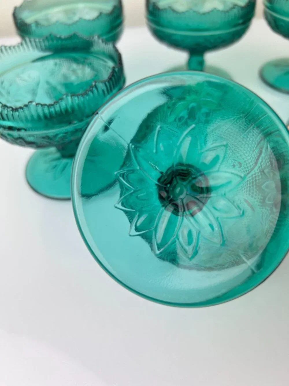 Tiara Indiana Green Glass Spruce Sherbet Compote Pedestal Bowls Cups Set of 6